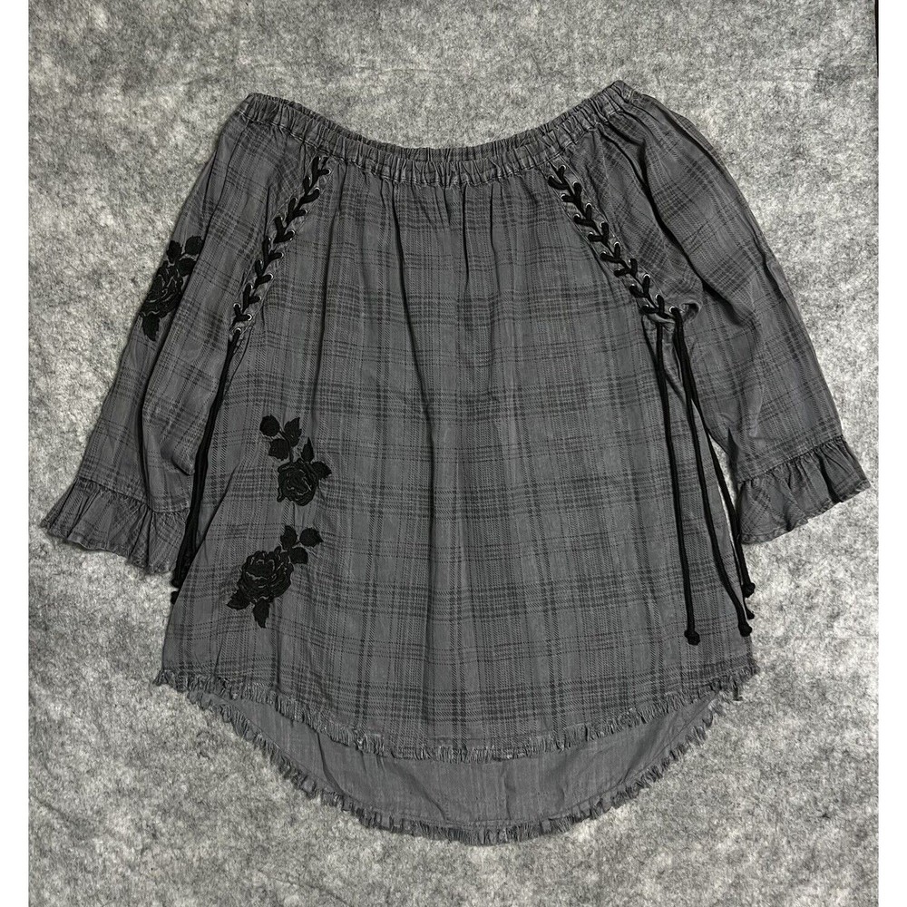 Standard Grace Off The Shoulder Shirt Womens XL Gray Tartan Plaid BOHO Tunic